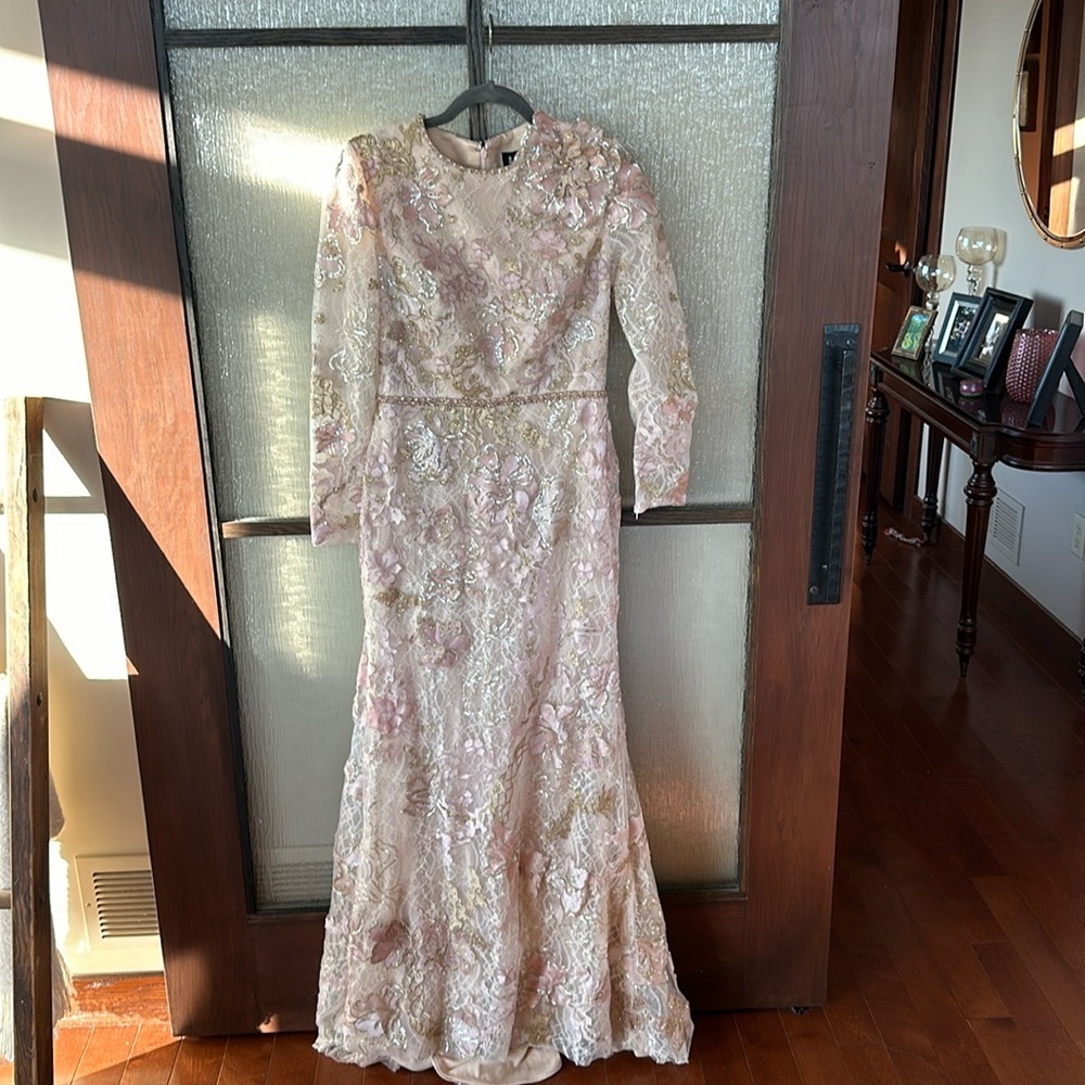 Mac Duggal Lace Embroidered Maxi Gown in Blush and Gold.  Mother of the Bride - Picture 6 of 13